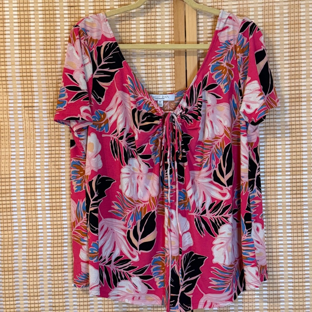 Sweet Rain Pink Tropical Leaf Tie Front V-Neck Top Women's 2X Office Resortwear